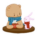 Brown bear tied blue scarf with pink rabbit tied red scarf sitting drinking hot chocolate. Illustration for children. Winter