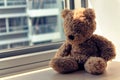 Brown Bear toy sitting by the window in shadows Royalty Free Stock Photo