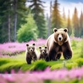 Brown Bear (Ursus arctos) Mother with Two Cubs on Green Meadow - Wide Panoramic Banner with Copy Space