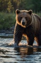 Majestic Brown Bear Strolling Through Shallow River Water at Golden Hour Light in Wilderness Royalty Free Stock Photo