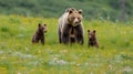 brown bear walking in the forest with her cubs