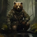 Brown bear in the woods, fully equipped in a battleground