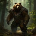 Brown bear in the woods, fully equipped in a battleground