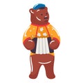 Brown bear in a yellow shirt playing the accordion. Cartoon bear musician with a blue hat and suspenders. Music and fun Royalty Free Stock Photo