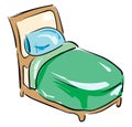 Brown bed with green blanket, vector or color illustration