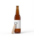 Brown beer bottle with blank label and opener