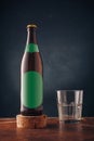 Brown beer bottle with green blank label and empty glass on wooden table, dark backdrop. Alcohol beverage product advertising Royalty Free Stock Photo