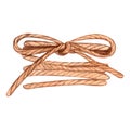 Brown beige jute cord knot. natural burlap rope with tied bow decorations. Hand drawn watercolor illustration isolated Royalty Free Stock Photo