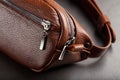 A brown belt bag made of textured brown leather on a black stone background. Elegant fanny pack brown bag with a zipper