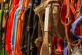 Brown horse belt hanged along different colored rope for sale at cattle market at tamilnadu, india