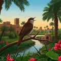 Brown bird perched on a branch, singing against an idyllic landscape backdrop. Royalty Free Stock Photo