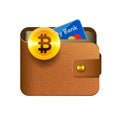 Brown bitcoin wallet icon with coin and credit card, isolated background, vector illustration.