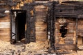 Brown and black burnt house of wooden planks with embossed texture without door and broken wall. background for copy space