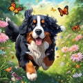 A brown and black canine is captured in mid-air surrounded by a flurry of colorful butterflies