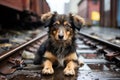 a brown and black dog sitting on railroad tracks Royalty Free Stock Photo