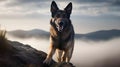 Brown black Old German Shepherd Dog stand, stare and look at the camera, search and rescue mission at the top of mountain