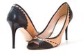 Brown and black stilettos shoes on white background