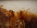 Brown, black and yellow wet rust on white enamel with smudges of water and drops. Royalty Free Stock Photo