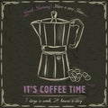 Brown blackboard with a coffee maker and text, vector