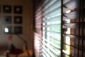 Brown blind shade on window, interior design decoration in home office, image blur Royalty Free Stock Photo