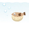 Brown blowfish cartoon character swimming underwater. Bubbles and waves.