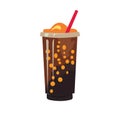 Brown boba tea drink vector image, chocolate milk tea, bubble coffee tea in glass with straw