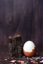 Brown boiled half-peeled egg and pieces of black bread on a dark wooden background with scattered salt and shell