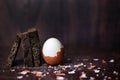 Brown boiled half-peeled egg and pieces of black bread on a dark wooden background with scattered salt and shell
