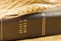 Brown book of holy bible and wheat for concept of faithful and followship background Royalty Free Stock Photo