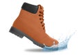 Brown boot and water splash. Side view