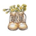 Brown boots like a vase for dandelions