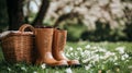 Brown Boots and Wicker Basket in Spring Flowers Royalty Free Stock Photo