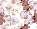 Brown Botanical Decor. Colorless Orchid Garden. Purple Hibiscus Textile. Gray Flower Decor. Watercolor Design. Seamless Background