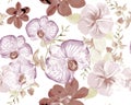 Brown Botanical Illustration. Purple Orchid Wallpaper. Colorless Hibiscus Plant. Gray Flower Garden. Watercolor Backdrop. Seamless