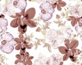 Brown Botanical Leaves. Gray Orchid Background. Purple Hibiscus Jungle. Colorless Flower Leaf. Watercolor Leaves. Seamless Backdro
