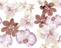Brown Botanical Painting. Purple Orchid Textile. Gray Hibiscus Set. Colorless Flower Set. Watercolor Backdrop. Seamless Texture. P