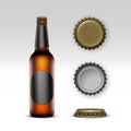 Brown Bottle Beer with Black label and Set of Caps Royalty Free Stock Photo