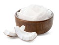 Brown bowl of coconut oil and fresh coconut pieces on white background Royalty Free Stock Photo