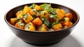 A brown bowl filled with lots of food, potato and vegetable curry.