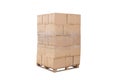 Brown boxes on wood pallet, white background with clipping path