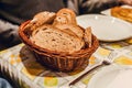 Brown bread basket on table Royalty Free Stock Photo