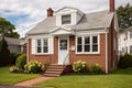 brown brick cape cod house with white window frames Royalty Free Stock Photo
