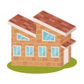 Brown brick modern house with an unusual roof. Vector illustration.
