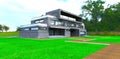 Brown brick tile walkway on the green lawn in the yard of the modern property finished with stone panels. 3d rendering