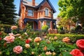 a brown brick victorian home with a rose garden Royalty Free Stock Photo