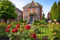 a brown brick victorian home with a rose garden Royalty Free Stock Photo