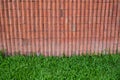 brown brick wall textured with green grass Royalty Free Stock Photo