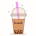 Brown bubble milk tea ads with delicious tapioca black pearls. Cute bubble tea kawaii smiled character. Taiwanese famous Royalty Free Stock Photo