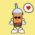 Brown bubble milk tea ads with delicious tapioca black pearls. Cute bubble tea kawaii character. Taiwanese famous drink Boba Royalty Free Stock Photo