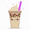 Brown bubble milk tea ads with delicious tapioca black pearls. Cute bubble tea kawaii smiled character. Taiwanese famous Royalty Free Stock Photo